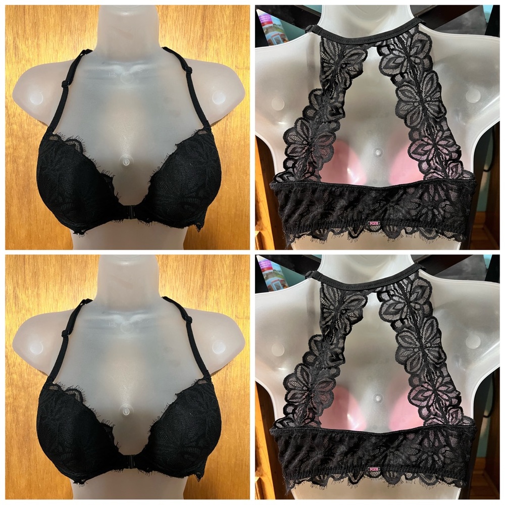 Victoria’s Secret PINK Lace Front Close Push Up Bra 34C Black Like New